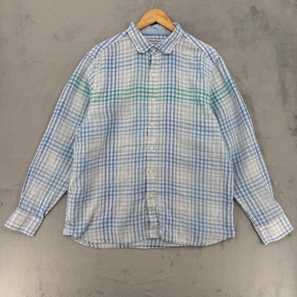 Tommy Bahama Mens Blue Plaid 100% Linen Button Down Shirt Size Large‎
